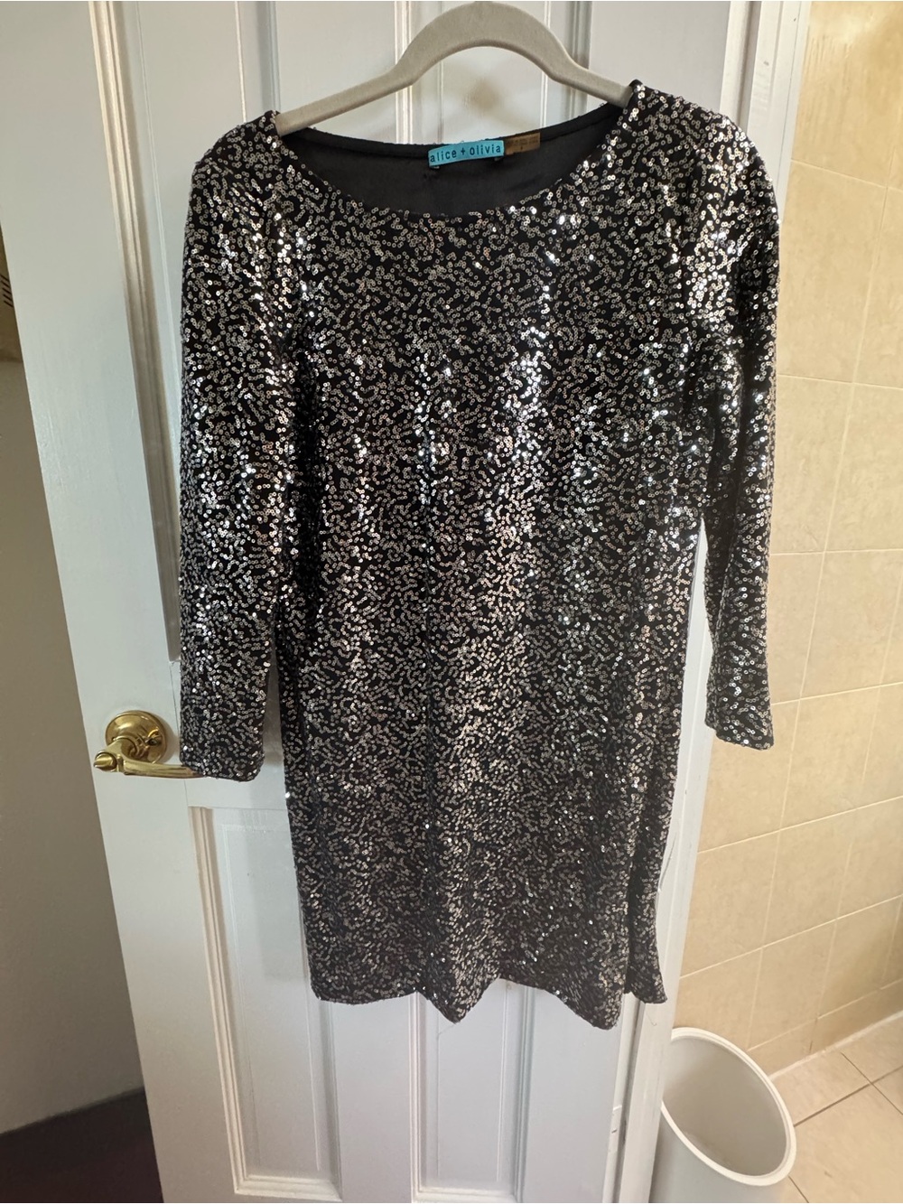 Alice + Olivia Silver and Black Sequin Long-Sleeve Dress